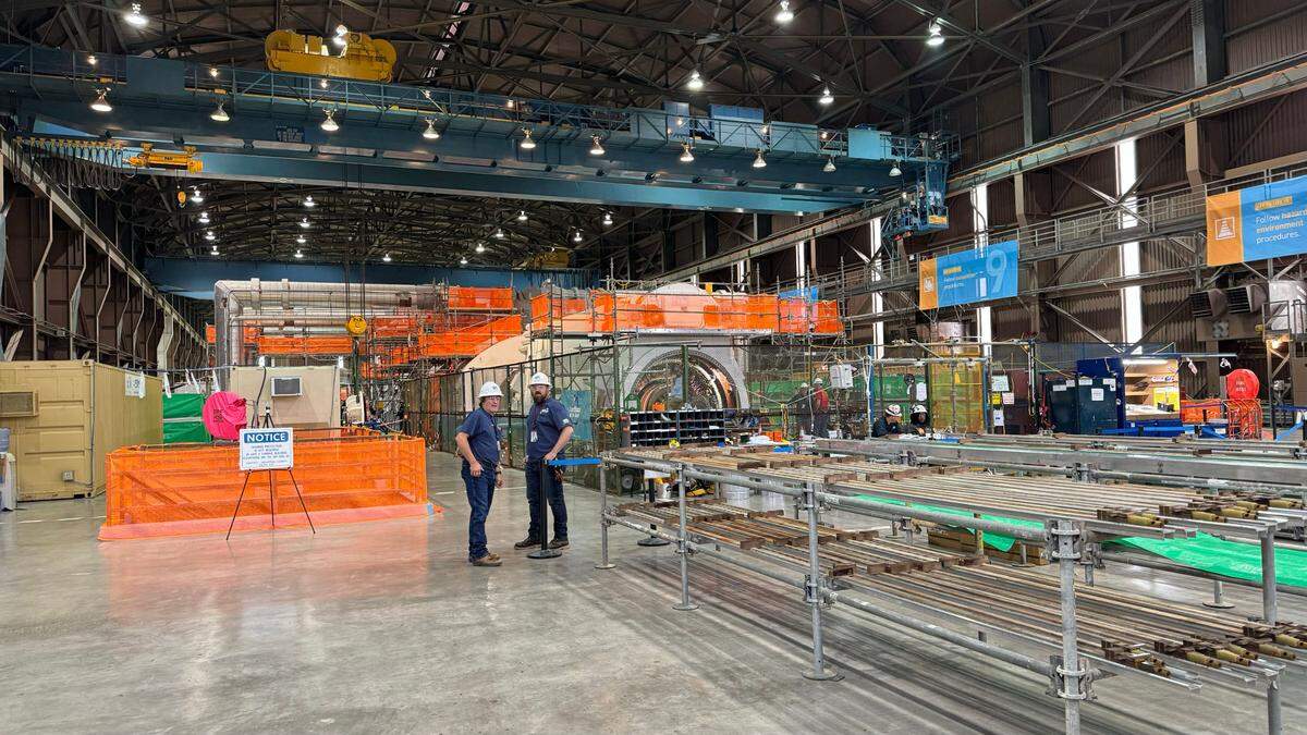 Parts and equipment fill the floor of the Diablo Canyon nuclear power plant turbine building during Unit 2’s refueling outage in April 2024.