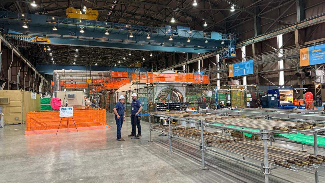 Parts and equipment fill the floor of the Diablo Canyon nuclear power plant turbine building during Unit 2’s refueling outage in April 2024.