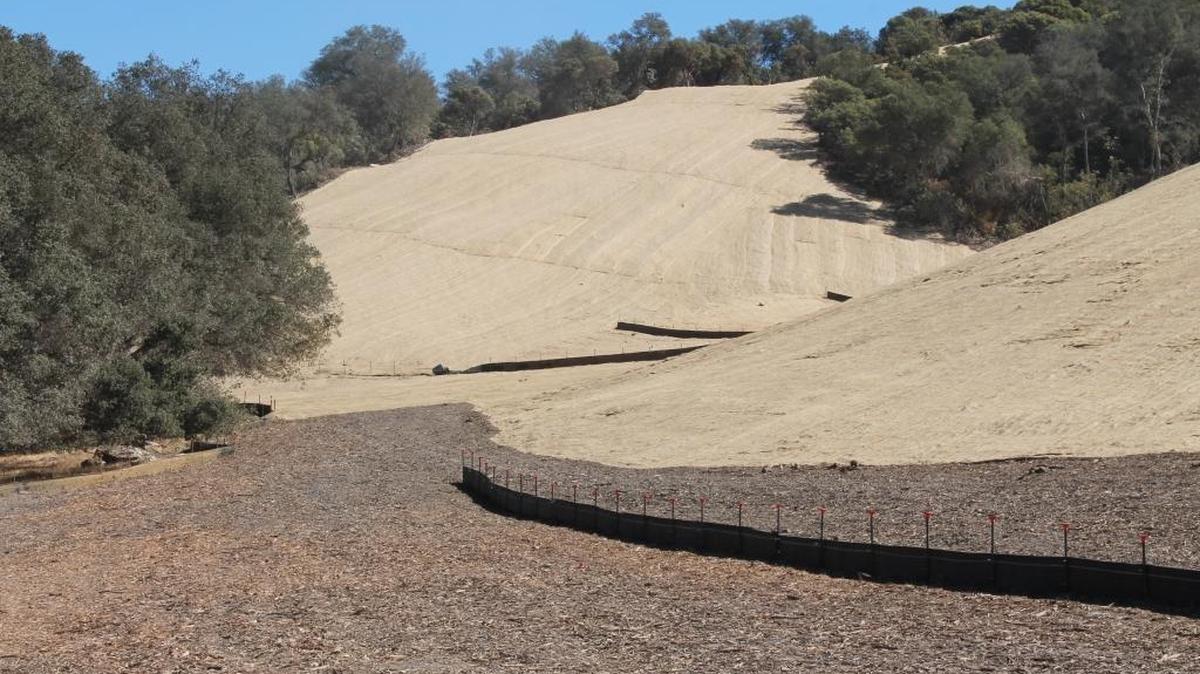 At the Justin Vineyards property on Sleepy Farm Road, jute mats cover seeded hillsides and silt fencing has been installed to prevent erosion during the winter rainy season.
