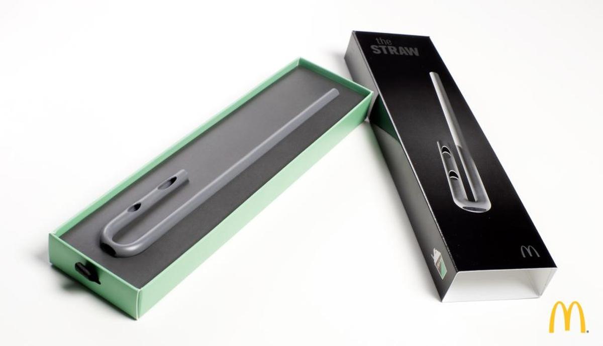 McDonald’s high-tech STRAW — or Suction Tube for Reverse Axial Withdrawal — features a fluted, J-shaped design to allow equal tastes of both the chocolate and mint layers of the new Chocolate Shamrock Shake.