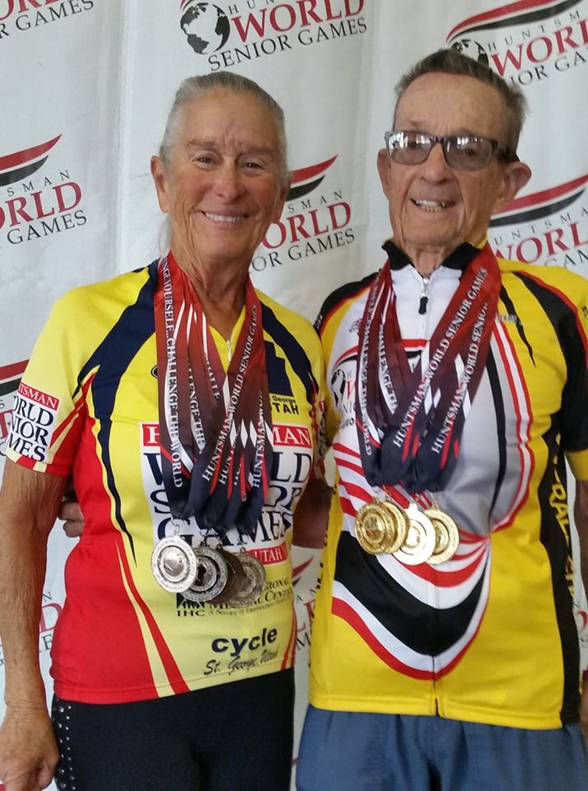 Glenn and Gail Vanderlinde show off their medals from the Huntsman World Senior Games in St. George, Utah.