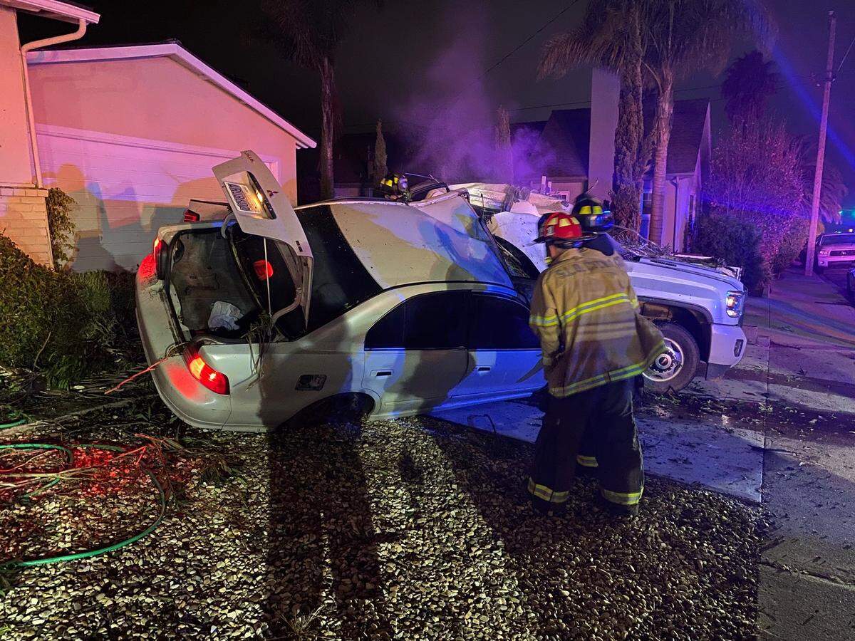 A driver crashed his car into a house and two cars parked in the driveway on Foothill Boulevard in San Luis Obispo on Thursday, April 4, 2024.