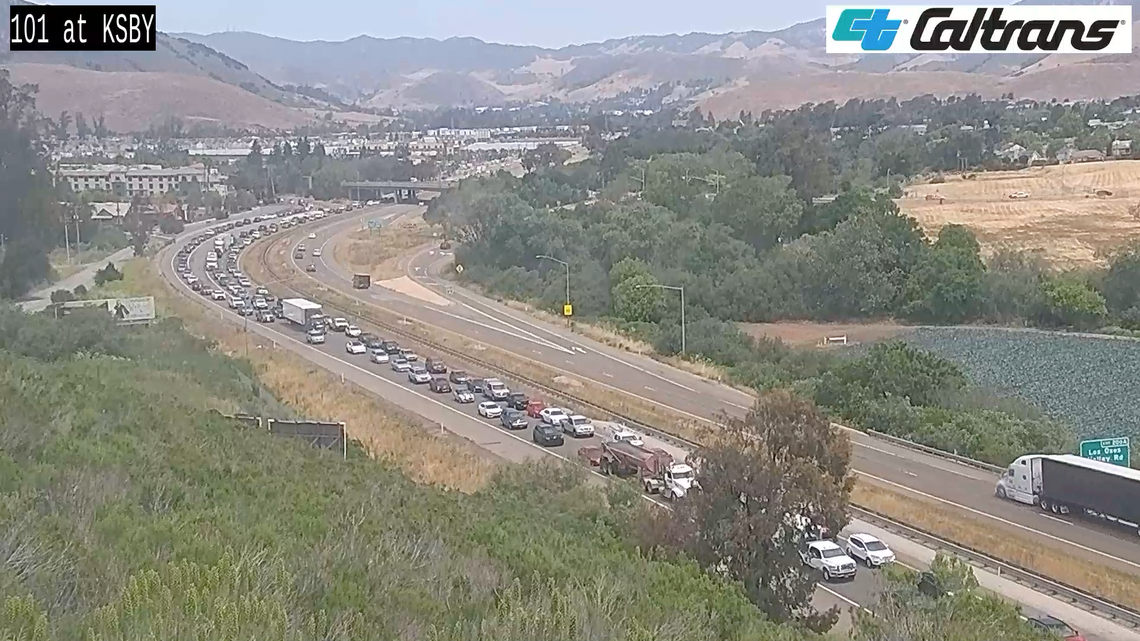 A rollover crash involving two vehicles backed up traffic on southbound Highway 101 through San Luis Obispo on Wednesday, May 28, 2025.
