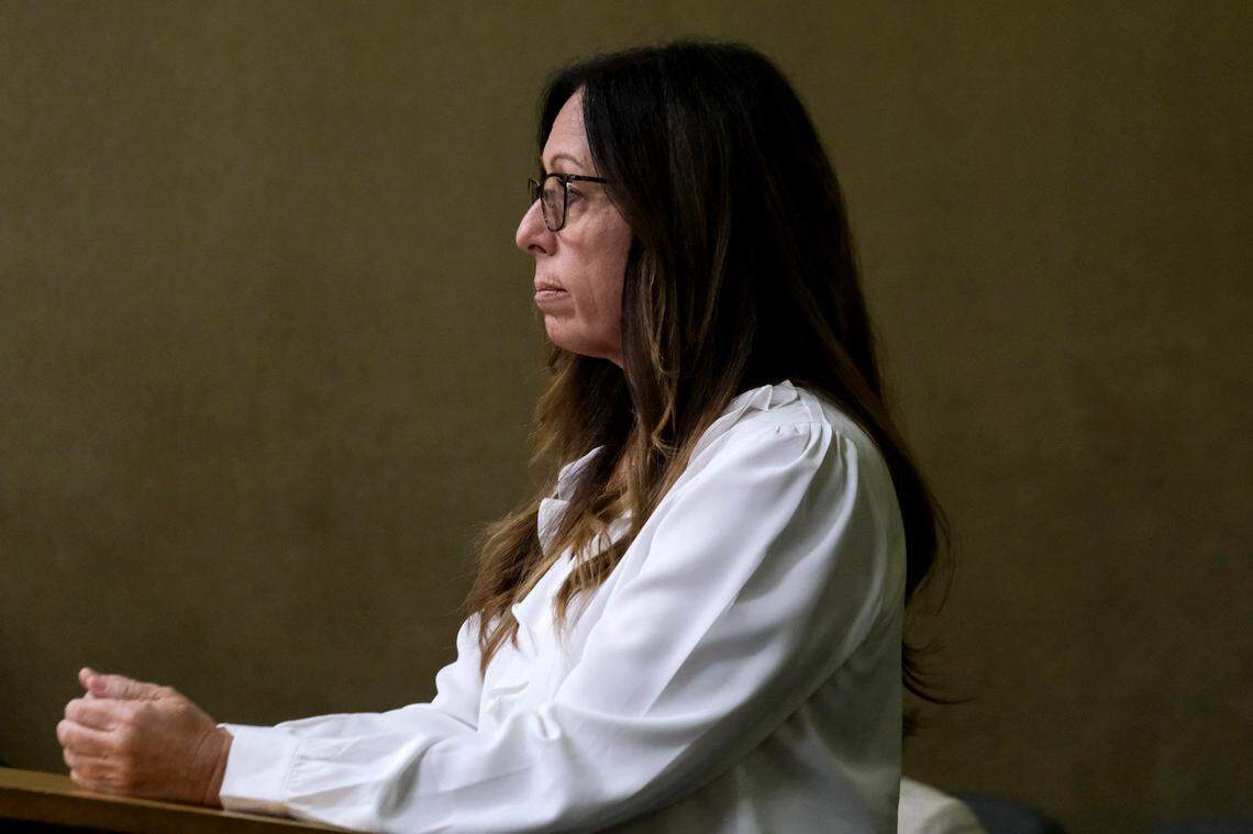 Michelle Morrow attends a court hearing in San Luis Obispo Superior Court on Oct. 10, 2024. She was charged with a voter registration violation, voter fraud, perjury by declaration and false filing of candidacy — all felonies.