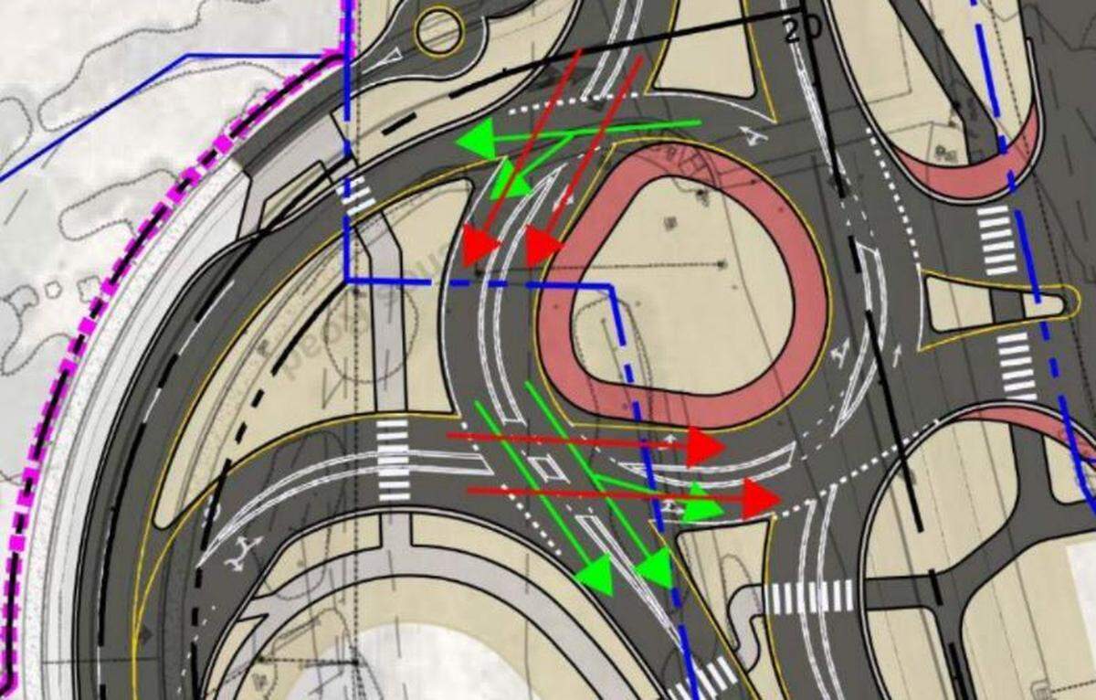 A rendering shows how traffic would flow at the roundabout proposed for the Highway 227/Los Ranchos Road intersection in San Luis Obispo.