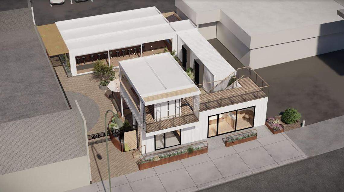 A rendering shows the new shipping container development that will bring a beer garden, ice cream shop and boutique hat store to El Camino Real and Traffic Way in Atascadero.