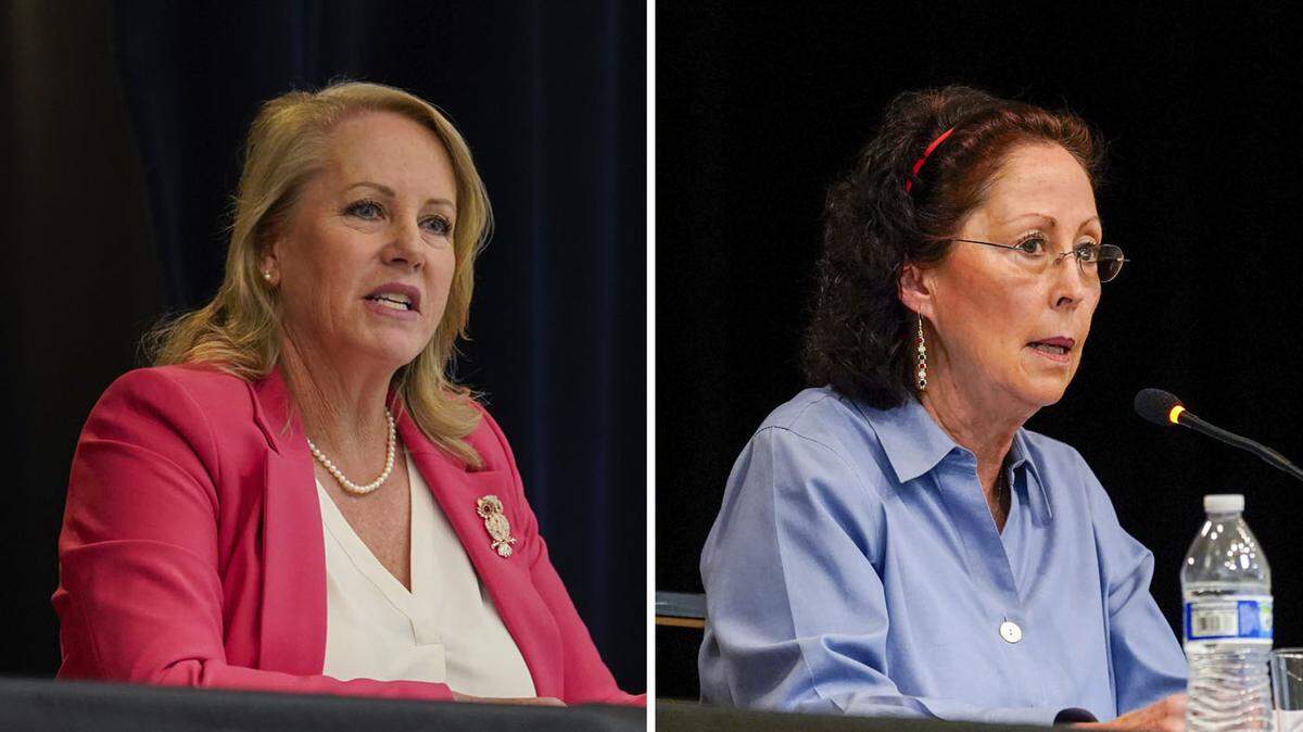 Incumbent Arroyo Grande Mayor Caren Ray Russom, left, and challenger Gaea Powell faced off at a candidate forum hosted by the League of Women Voters on Thursday, Sept. 19, 2024.