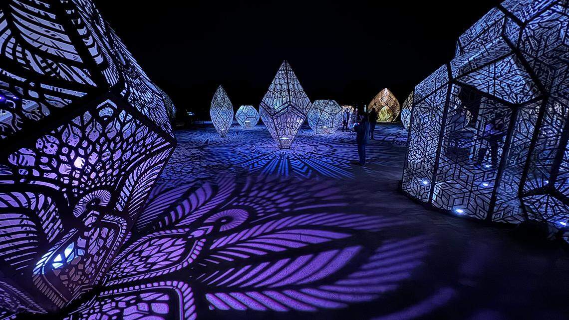 The DIMENSIONS exhibit at Sensorio in Paso Robles features a collection of illuminated geometric sculptures, seen here on May 23, 2024. It was created by the artist duo HYBYCOZO.