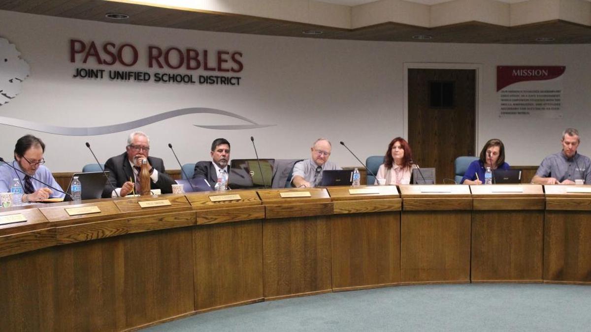 From left, board President Field Gibson and trustees Dave Lambert, Chris Bausch, Tim Gearhart, Kathleen Hall, Joan Summers and Joel Peterson attend a Paso Robles Joint Unified School District Board of Trustees meeting in March 2017.