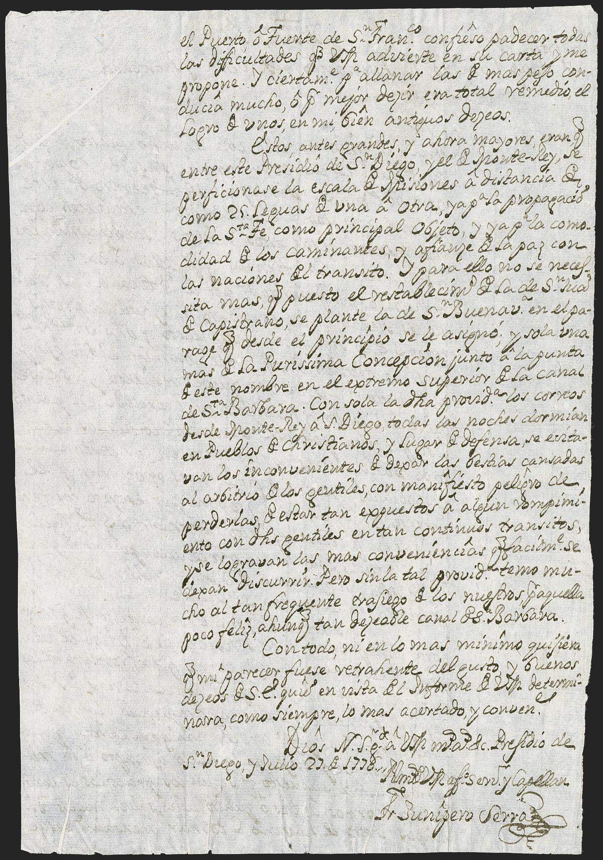A 248-year-old letter by Father Junipero Serra, regarded as the founder of the California mission system, is expected to go to auction at Siegel Auction Galleries in New York City in September 2024. This is the second page of the two-page letter, showing Serra’s signature.