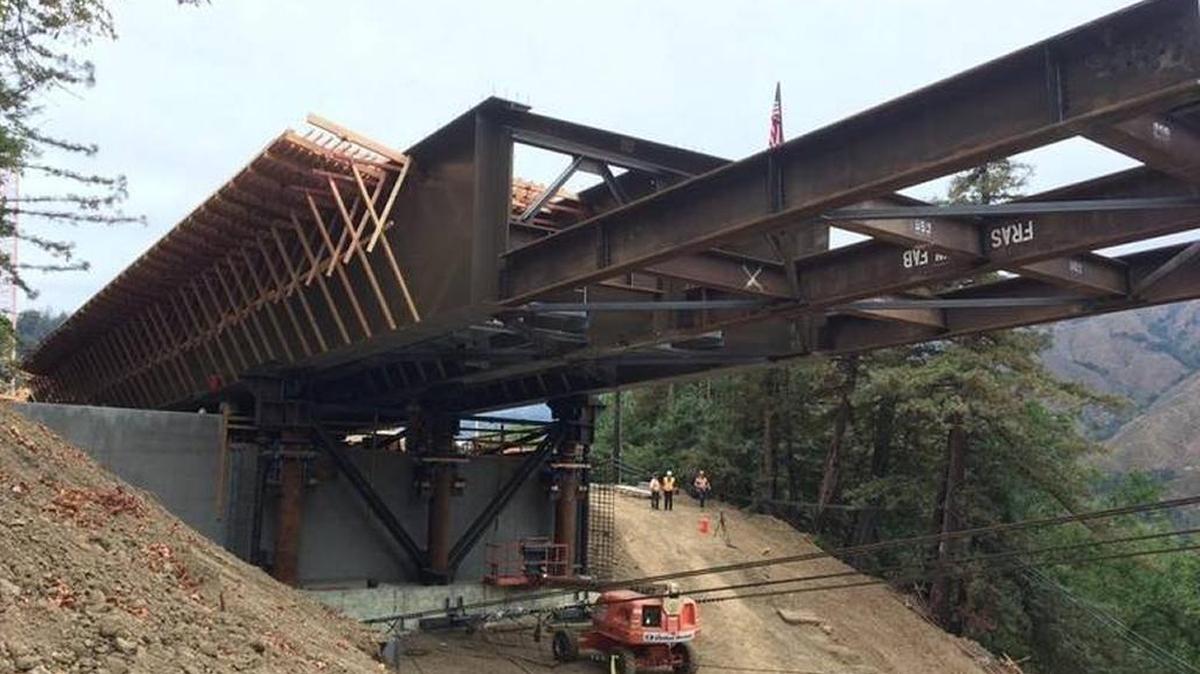 Construction proceeds on the new Pfeiffer Canyon Bridge in Big Sur in mid-August 2017. The Highway 1 bridge reopened on Oct. 13, 2017.