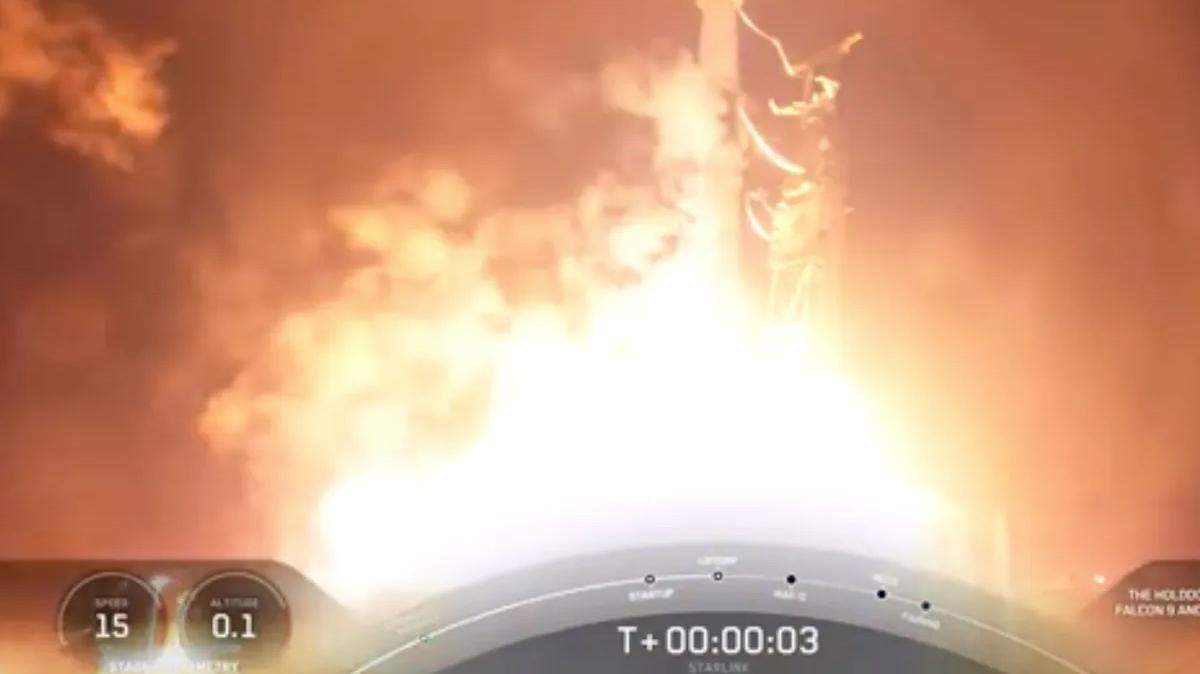 A Falcon 9 rocket’s liftoff lights up the sky while leaving Vandenberg Space Force Base early Monday, Sept. 25, 2023, carrying another 21 Starlink satellites into space.