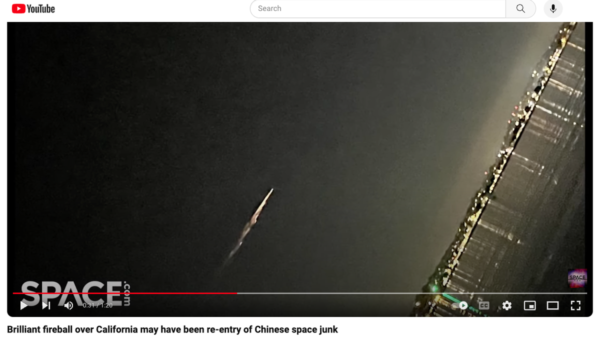 A screenshot from a YouTube video shows the fireball seen over California early Tuesday morning, April 2, 2024. The fireball was caused by space debris from a Chinese orbital module re-entering the atmosphere.