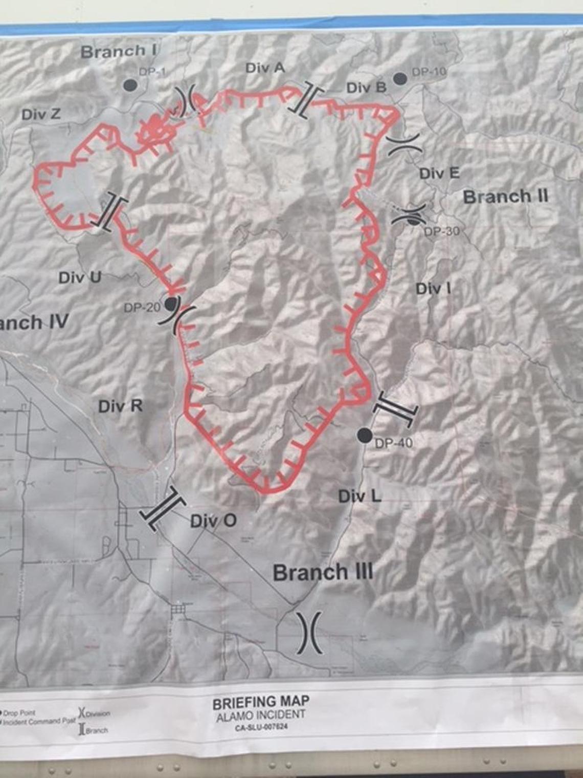 The Alamo Fire briefing map set up at the Elks Rodeo grounds at the fire command center in Santa Maria shows the expanse of the 24,000-acre blaze.