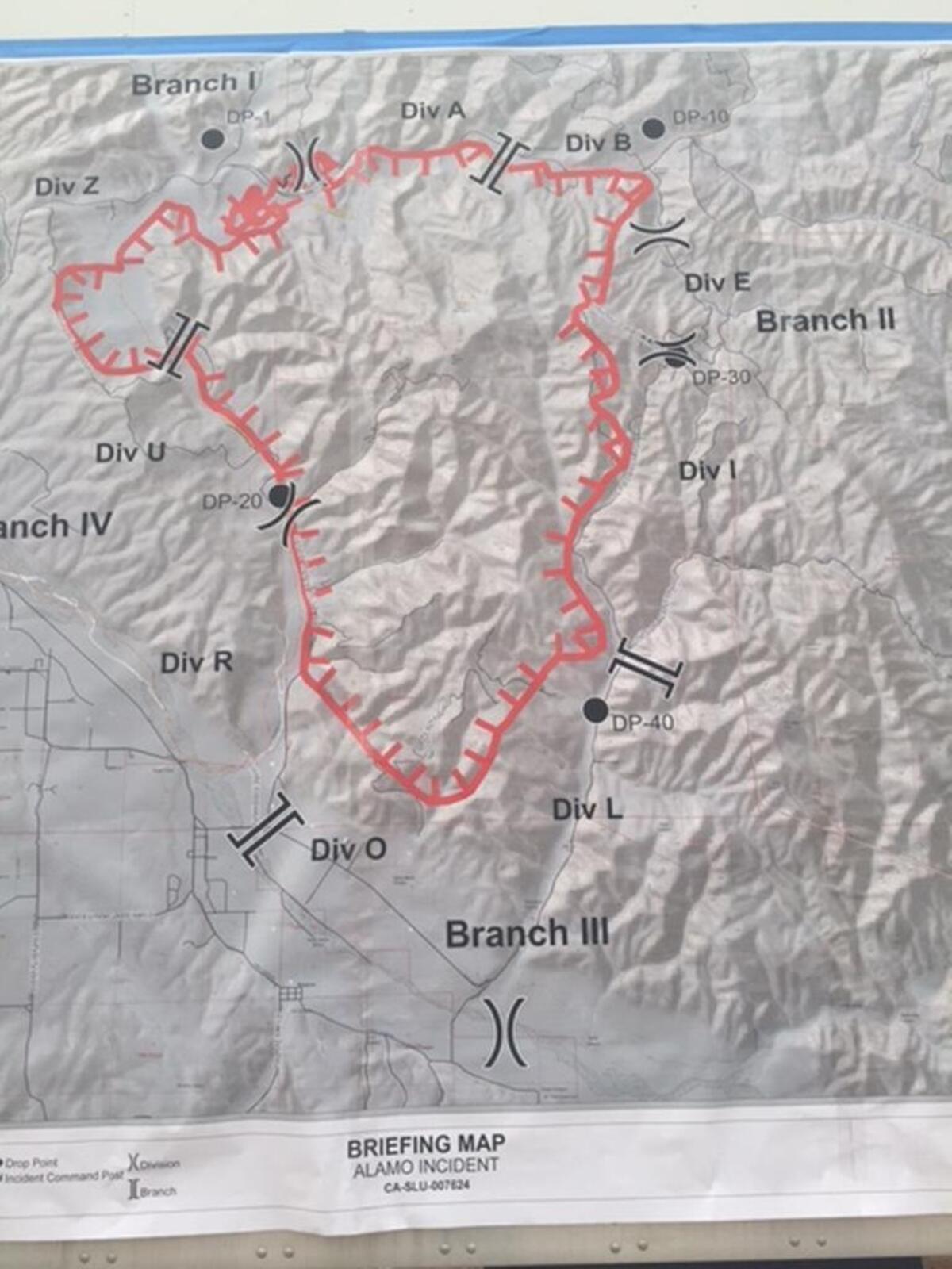 The Alamo Fire briefing map set up at the Elks Rodeo grounds at the fire command center in Santa Maria shows the expanse of the 24,000-acre blaze.