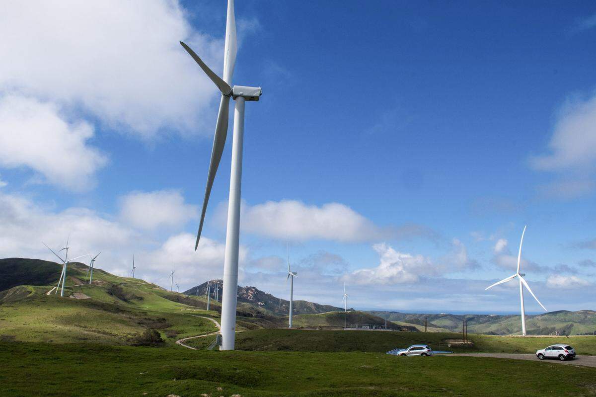 Wind turbines spin at the Strauss Wind Farm, near Lompoc.