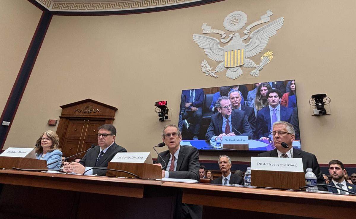 Cal Poly President Jeffrey Armstrong, right, testified before the House Committee on Education and Workforce on Wednesday, May 7, 2025, about antisemitism on the San Luis Obispo campus. He was joined by three others, from left, Haverford College President Wendy Raymond, DePaul University President Robert Manuel and Georgetown University professor David Cole.