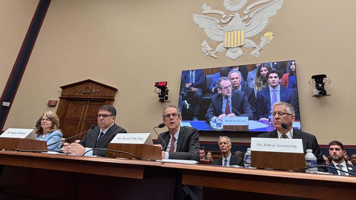 Cal Poly President Jeffrey Armstrong, right, testified before the House Committee on Education and Workforce on Wednesday, May 7, 2025, about antisemitism on the San Luis Obispo campus. He was joined by three others, from left, Haverford College President Wendy Raymond, DePaul University President Robert Manuel and Georgetown University professor David Cole.
