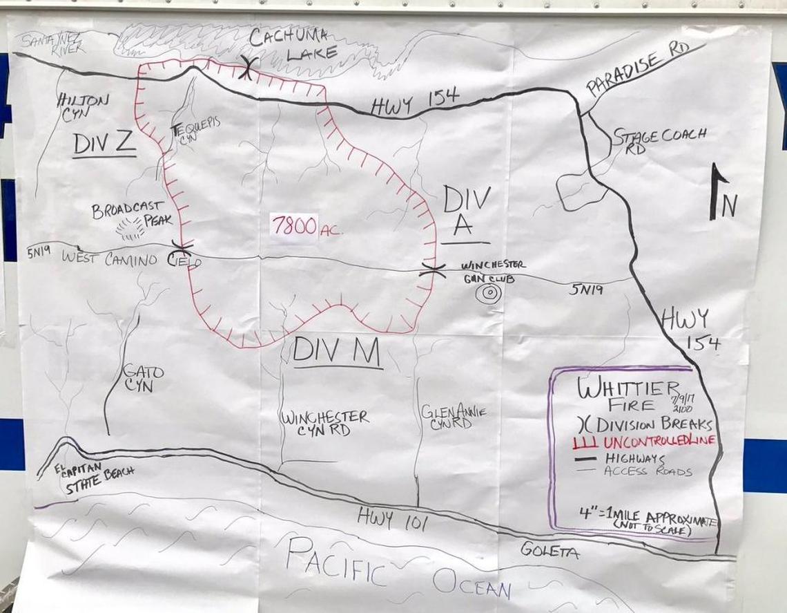 Map of the Alamo Fire as of 7 a.m., when the fire was 7,800 acres and 5 percent contained.