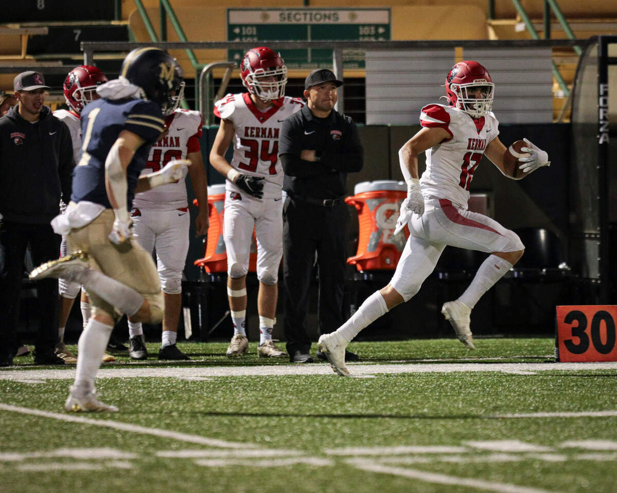 Adam Delgado scored on this run. Mission Prep ended their football playoff run with a 20-14 overtime loss to Kerman High School Nov. 17, 2023.