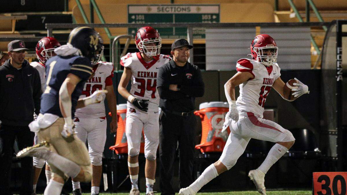 Adam Delgado scored on this run. Mission Prep ended their football playoff run with a 20-14 overtime loss to Kerman High School Nov. 17, 2023.