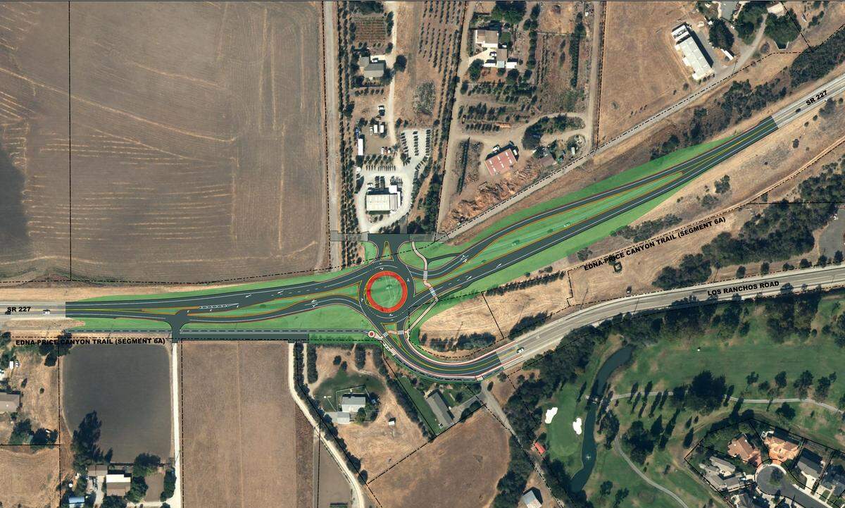 A rendering shows a potential roundabout at Highway 227 and Los Ranchos Road south of San Luis Obispo.