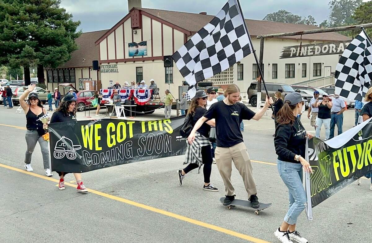 Skateboarders and supporters of the proposed Cambria Skate Park hope their energetic entry in the Pinedorado parade on Saturday, Sept. 2, 2023, will help fundraising efforts. Theirs was declared the parade’s best noncommercial youth entry.