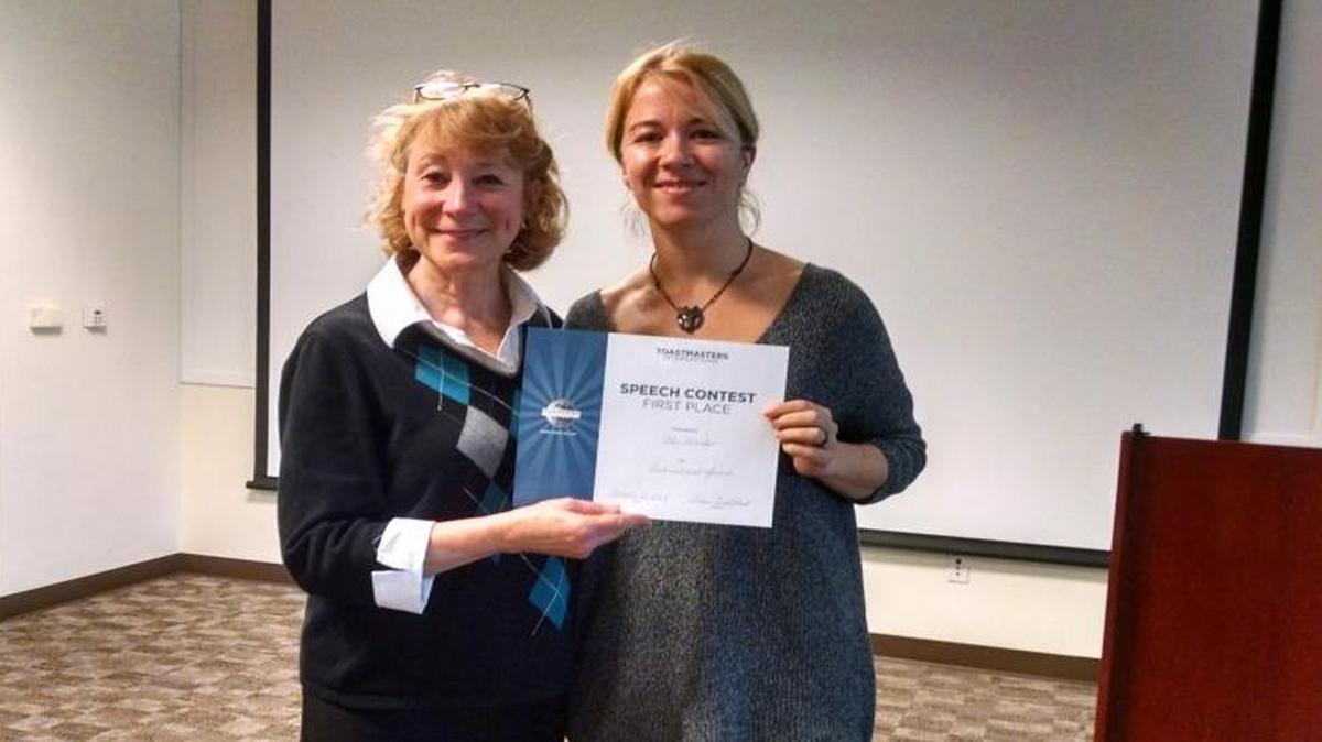 Fran Dukehart, left, the vice president of public relations of SLO Noontime Toastmasters and Alex Milaychev, right, president, recently display a speech contest award certificate. The Toastmasters group is having an open house Tuesday, May 2, 2017.
