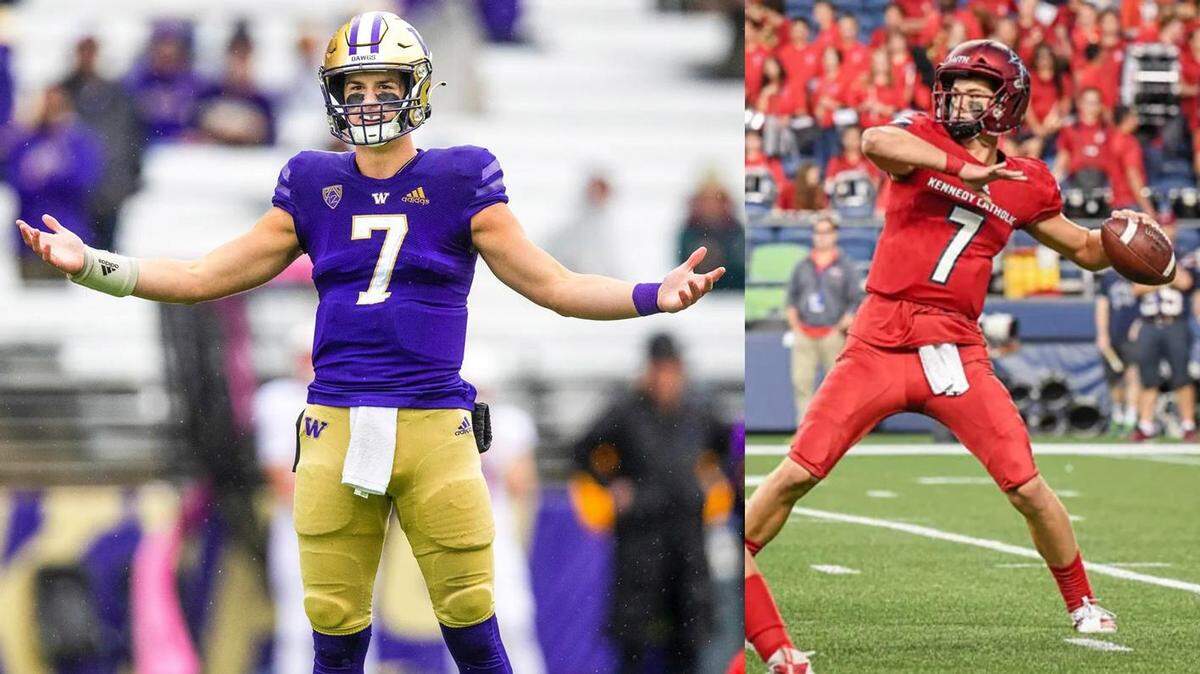 Quarterback Sam Huard at Washington, left, and Kennedy Catholic High School.