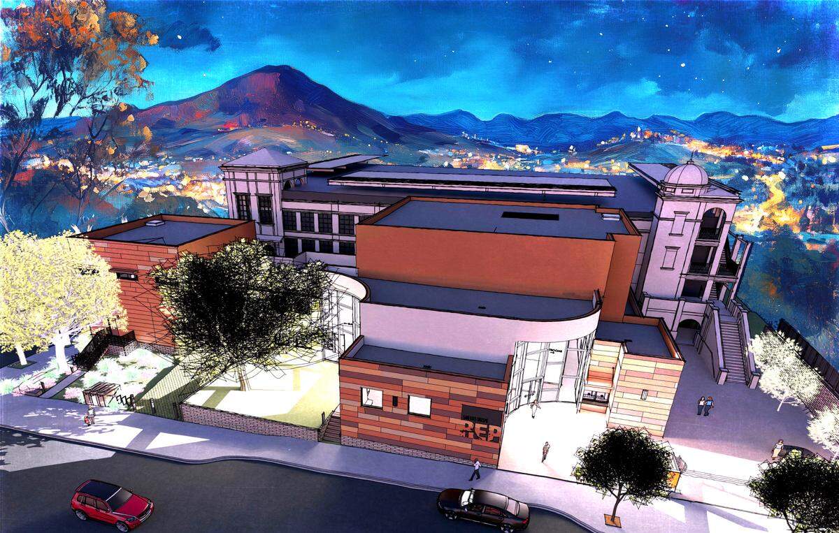 A rendering of the new downtown theater complex for SLO Rep. The new theater would have a 215-seat main stage for musicals, comedies and dramas, plus a 100-seat black box theater for new works, staged readings, late-night cabaret entertainment and performances by SLO Rep’s ACT program.