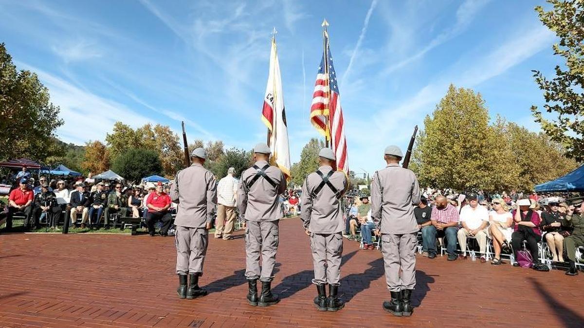 Grizzly Academy cadets present the colors at a Veterans Day ceremony at Faces of Freedom Veterans Memorial in Atascadero in 2016. A Veterans Day ceremony and barbecue will be held there Saturday.