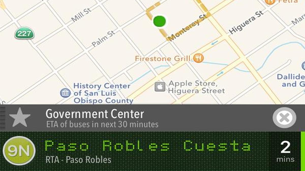 A screenshot of the San Luis Obispo Regional Transit Authority’s Transit Tracker app.