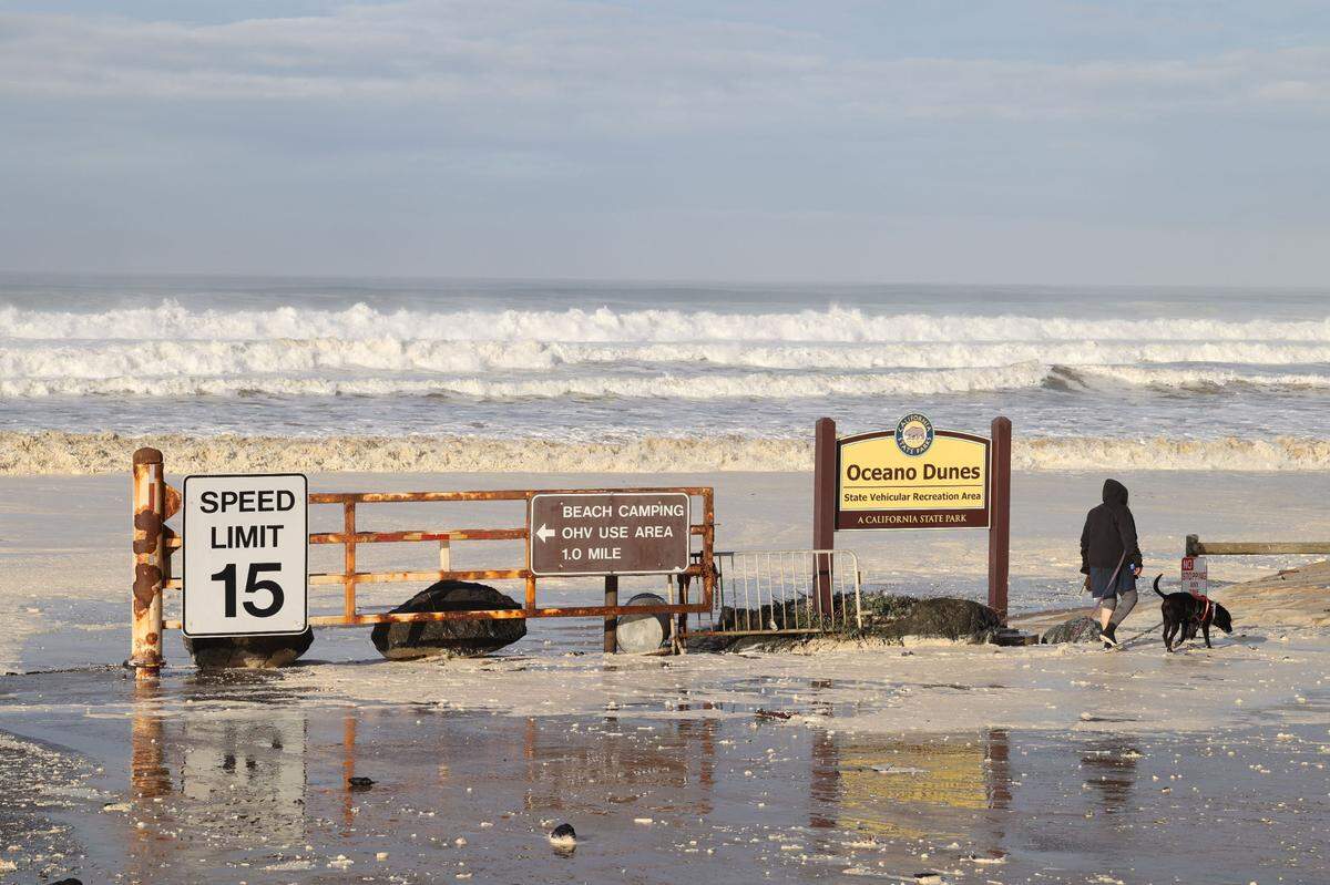 High surf pushes up the beach at Oceano Dunes State Vehicular Recreation Area on Thursday, Dec. 28, 2023.