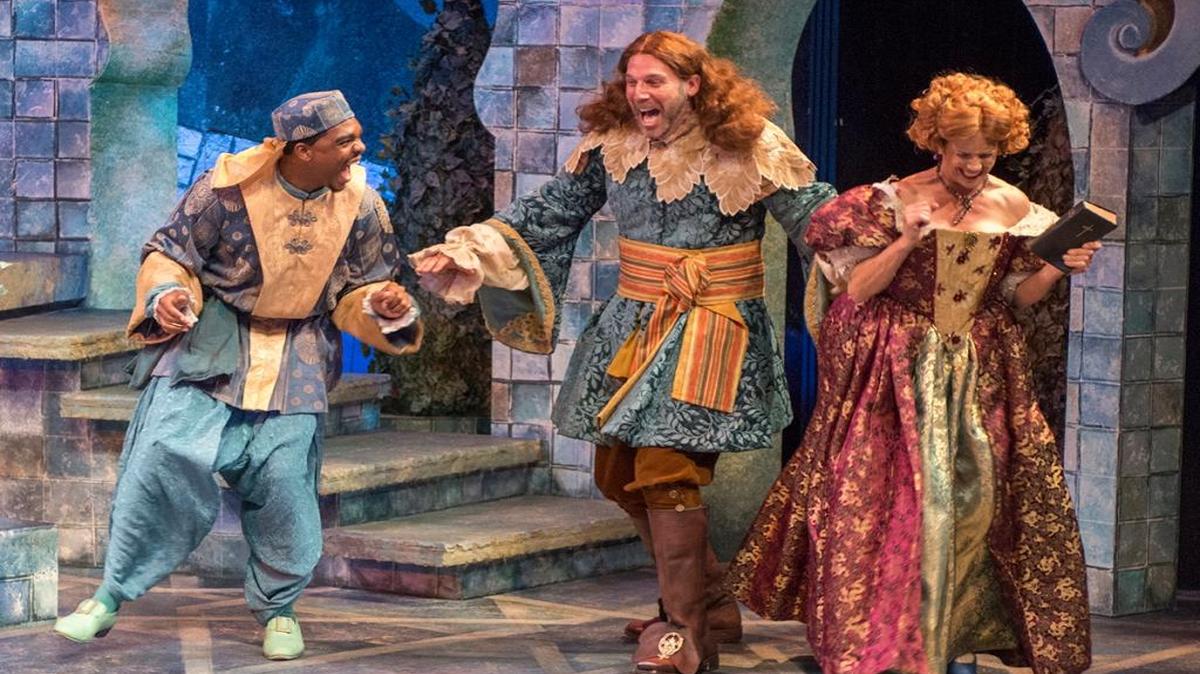 Fabian (Chris Mansa), Sir Toby Belch (Erik Stein) and Maria (Polly Firestone Walker) appear in a scene from PCPA-Pacific Conservatory Theatre’s production of “Twelfth Night,” playing Thursday through Sept. 10 at Solvang Festival Theater.