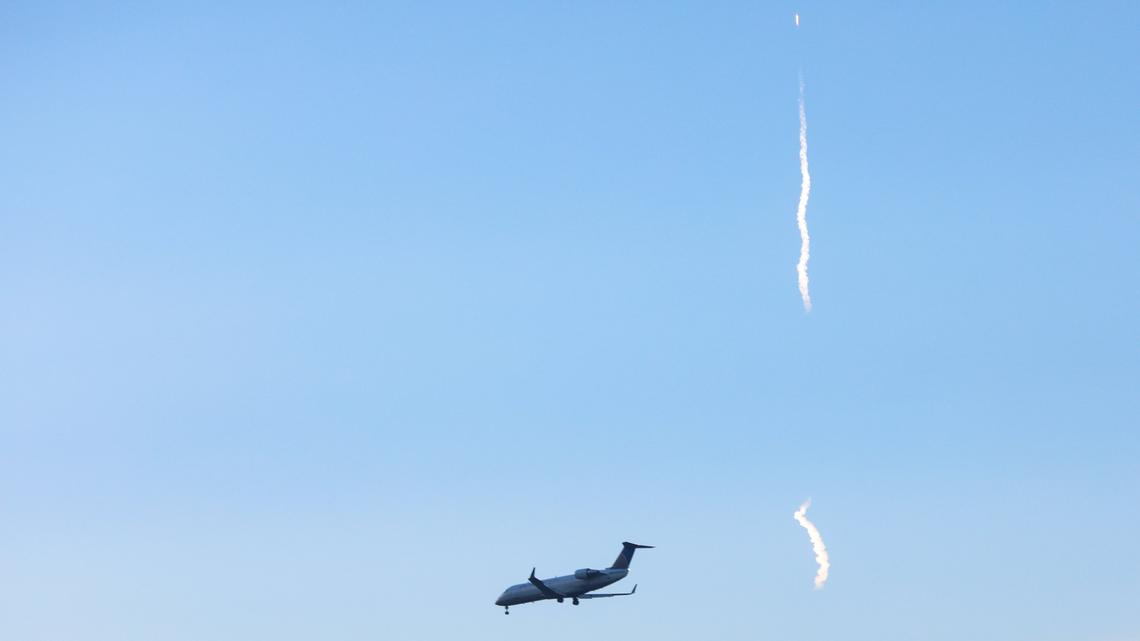 Space X launch. SpaceX launched its Falcon 9 rocket from Vandenberg Air Force Base near Lompoc, California, on Friday, January 11, 2019, after weather delays. The rocket carried Iridium 8 satellites into orbit. United Airlines flight 5656 lands in San Luis Obispo as the rocket takes to the sky. David Middlecamp 1-11-2019