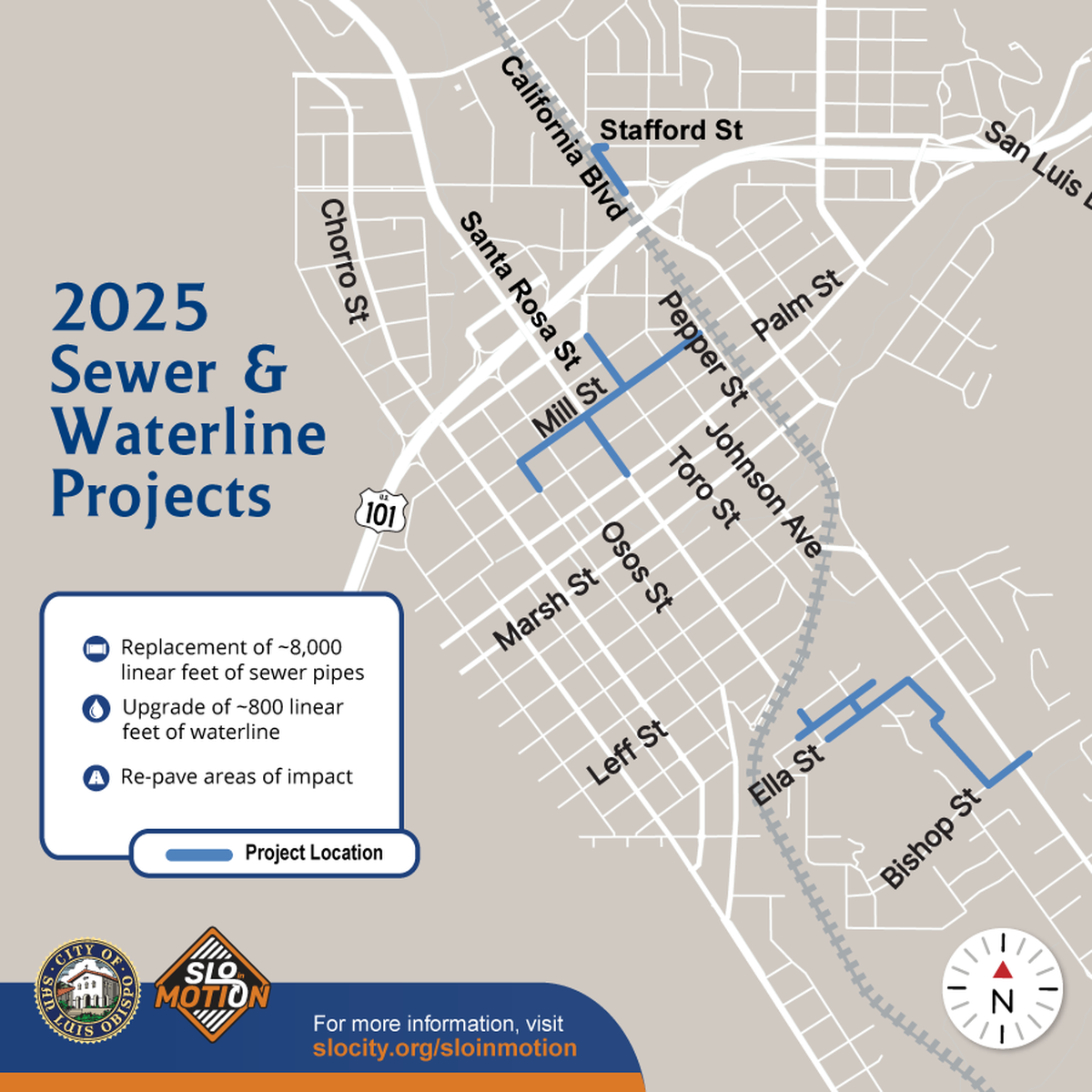 San Luis Obispo is working to replace nearly 8,000 feet of “aging sewer mains” and install roughly 350 feet of additional sewer pipes throughout the city. Here’s a map of the anticipated construction areas.