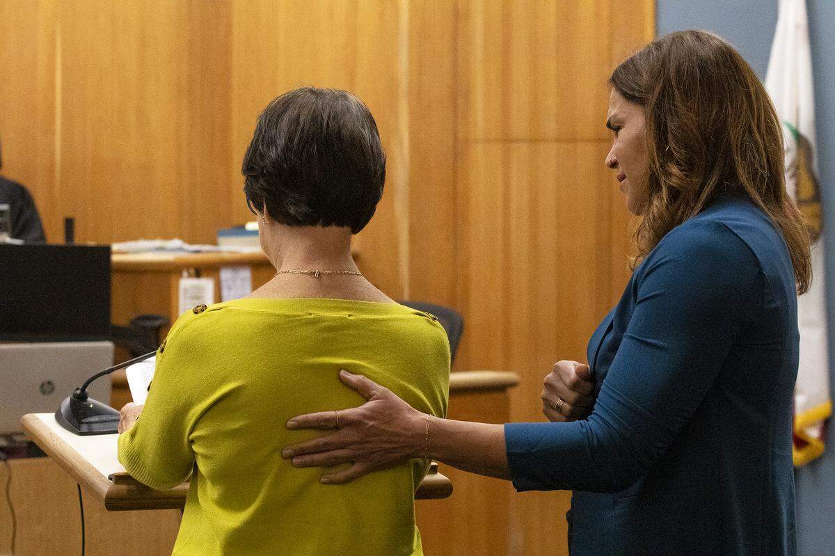 Jennifer Besser’s mother Pati Blevins gives a witness statement while Matthew Chachere’s sister Nicole Matthews lends her support at Daniel Saligan Patricio’s sentencing on April 9, 2024, at San Luis Obispo Superior Court. Saligan Patricio admitted to striking Matthew Chachere, 39, and Jennifer Besser, 36, with his car on Nov. 21, 2022. He was sentence to 5 years and 4 months in prison.