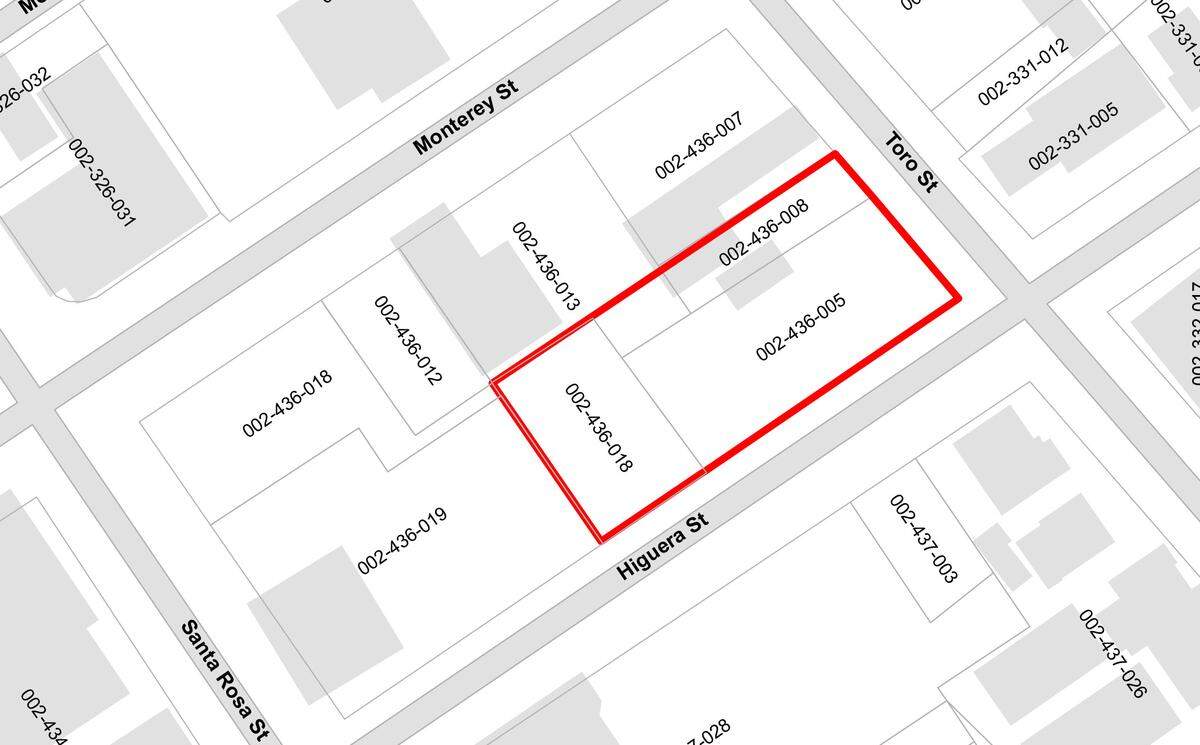 This red lines depict the portion of the parcel at 1144 Higuera St. in SLO where a proposed six-story parking garage would go in.