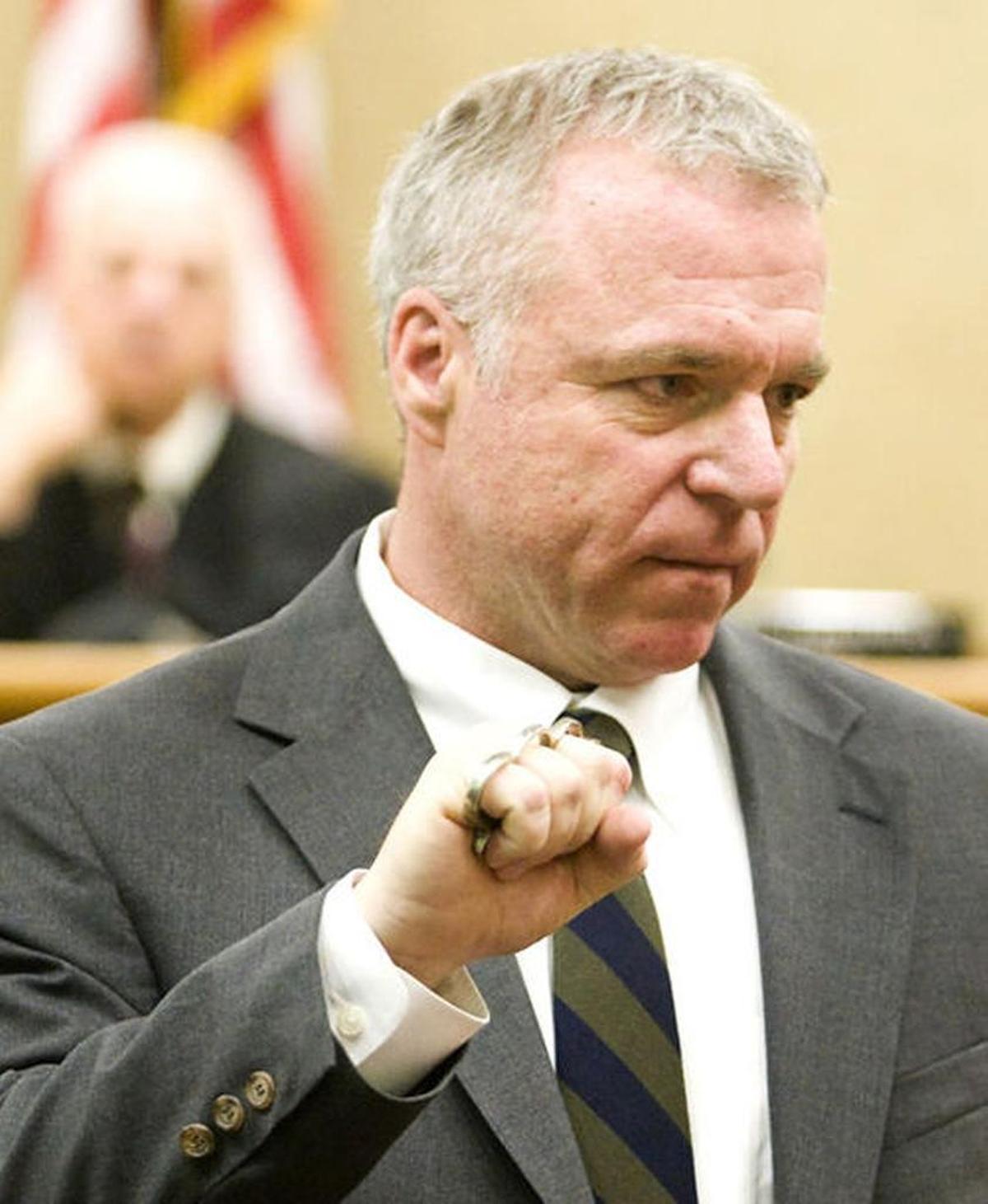 Then-Assistant District Attorney Tim Covello in 2013 shows jurors a pair of brass knuckles used by the killers of Santa Maria teen Dystiny Myers.