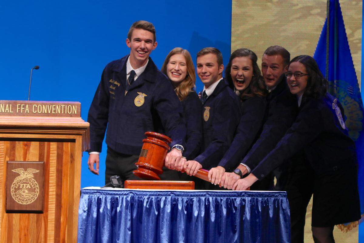 FFA officers celebrate their national posts on Saturday during the 91st National FFA Convention & Expo in Indianapolis. At far left is San Luis Obispo High School graduate Luke O’Leary, the national organization’s new president.