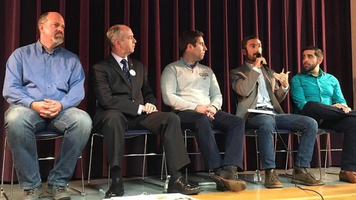 From left to right, Abe Lincoln, Dan Dow, Dan Rivoire, Nick Bilich and Matias Bernal speak at a panel discussion Thursday at the SLO City-County Library about men’s place in the #MeToo movement.