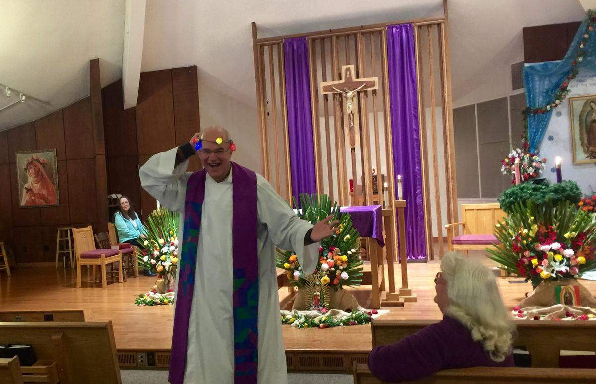 The Rev. Mark Stetz so admired the battery-operated holiday-lights necklace that parishioner Consuelo Macedo was wearing for St. Lucy’s feast day on Dec 13, 2017, that she handed it to him. According to his parishioners, his response was typical of the whimsical pastor who loved dressing up for holidays. Rev. Stetz died March 13, 2022.