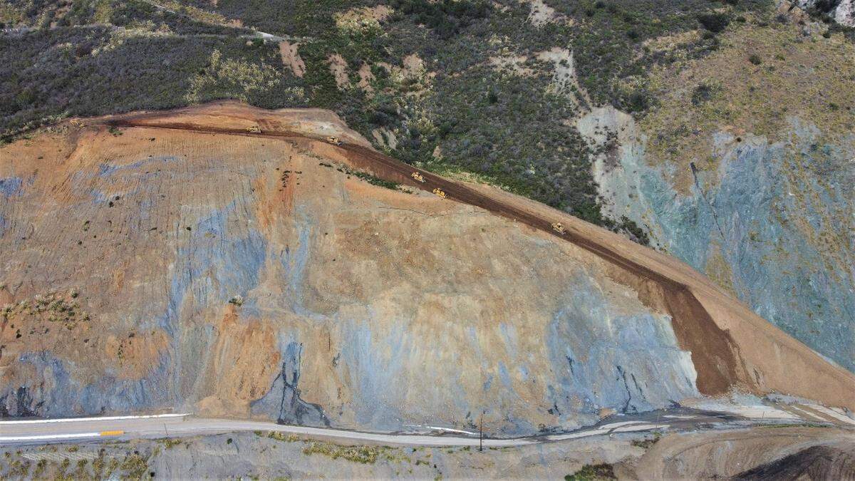 Paul’s Slide, pictured on Feb. 16, 2023, is one of three that have closed access to the Big Sur coast. Caltrans says it could take several months to shore up the hillside here and reopen Highway 1 to full access.