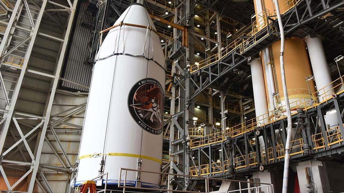 The National Reconnaissance Office’s NROL-47 payload, encapsulated inside a 5-meter payload fairing, is mated to a Delta IV rocket at Vandenberg Air Force Base’s Space Launch Complex-6 to prep for departure.