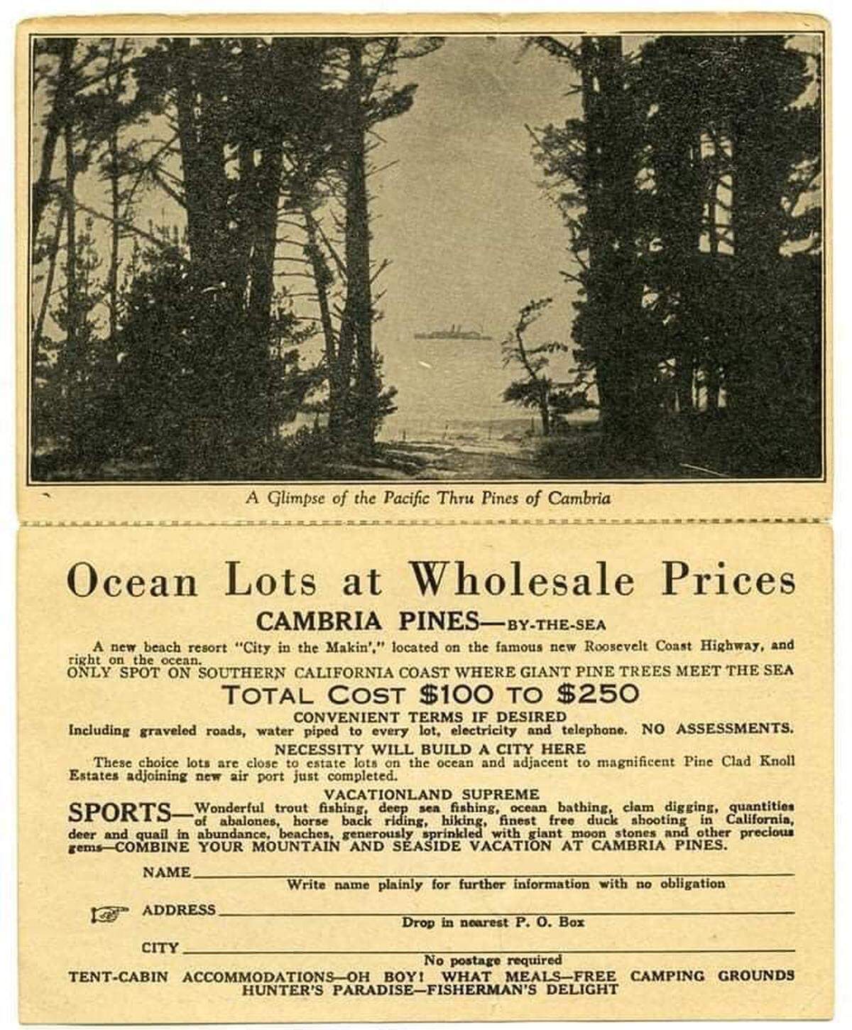 Vintage copy of an ad for lots in Cambria.