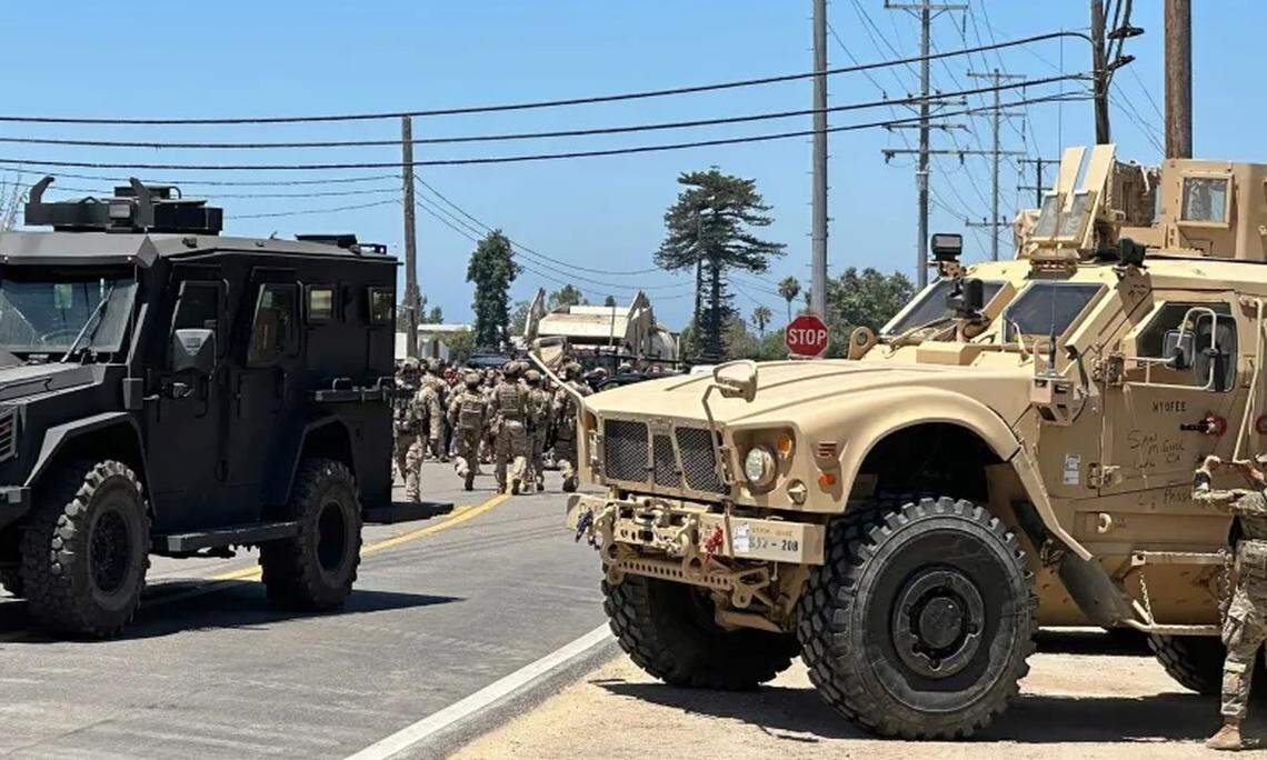 Dozens of agents, including ICE personnel, conduct a raid on a Carpinteria cannabis business Thursday, July 10, 2025.