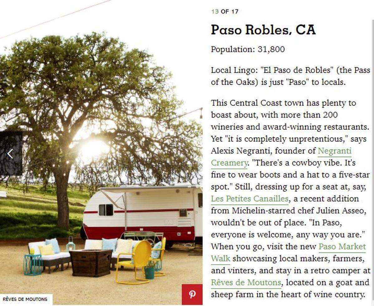 Country Living magazine included Paso Robles in its list of the “10 Best Small Towns in the U.S.” The publication touted the city’s wineries, restaurants and Paso Market Walk.