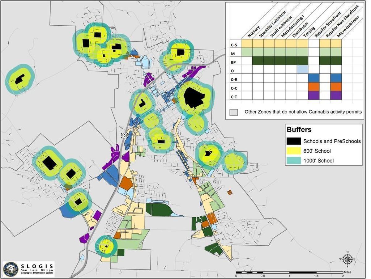 A city map shows where marijuana businesses might be allowed in San Luis Obispo, taking into account school buffer zones.
