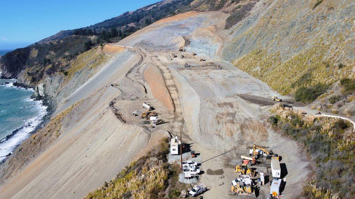 Caltrans crews have been working since April 2023 to repair Highway 1 near Paul’s Slide in Big Sur, which is projected to reopen in late spring of 2024.