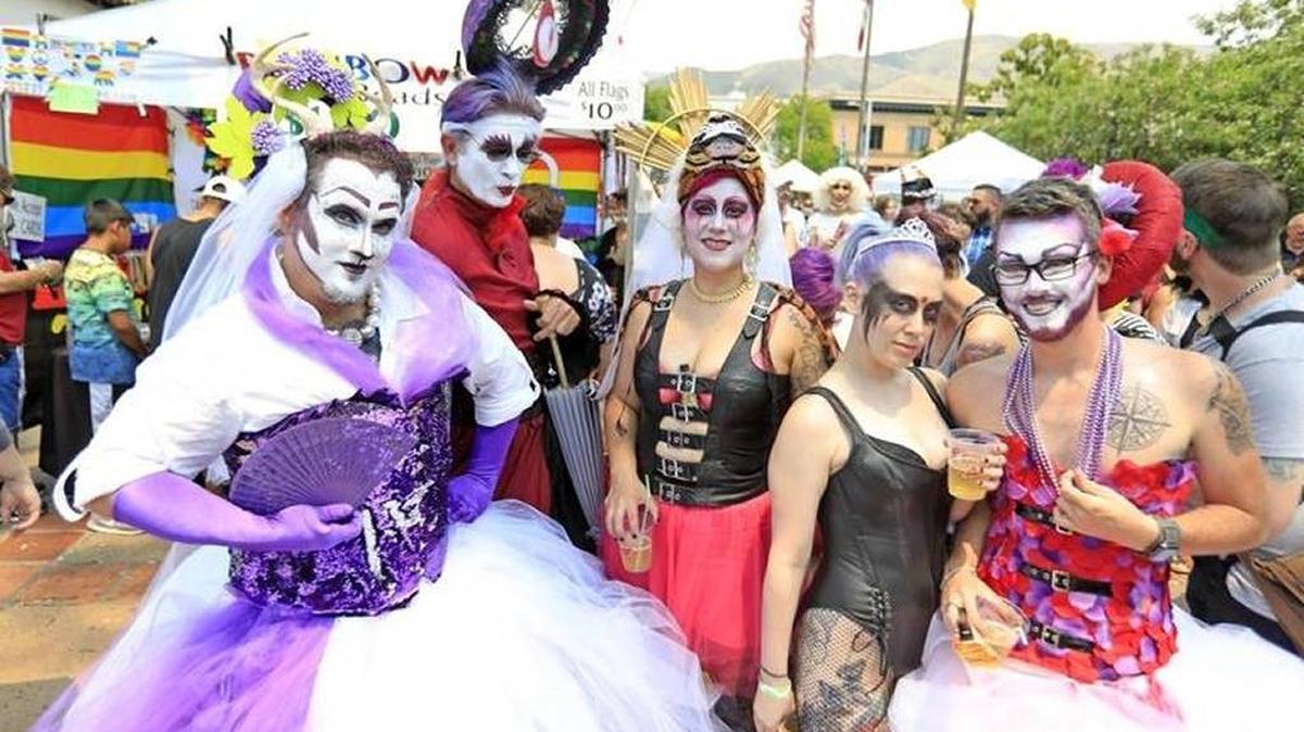 The Covenant of the Holy Madonnas takes part in Pride in the Plaza in San Luis Obispo in 2017. The members are, from left, Sister Other Temperance (Anthony Allesmith of San Luis Obispo), Sister Evenlyn (Norman Hibble of San Luis Obispo), Sister Boo Boo Kitty (Willow Ransom of San Luis Obispo), Sister Penny Dreadful (Red Ransom of Atascadero) and Sister Zippy Cake (Richie Kelly of San Luis Obispo).